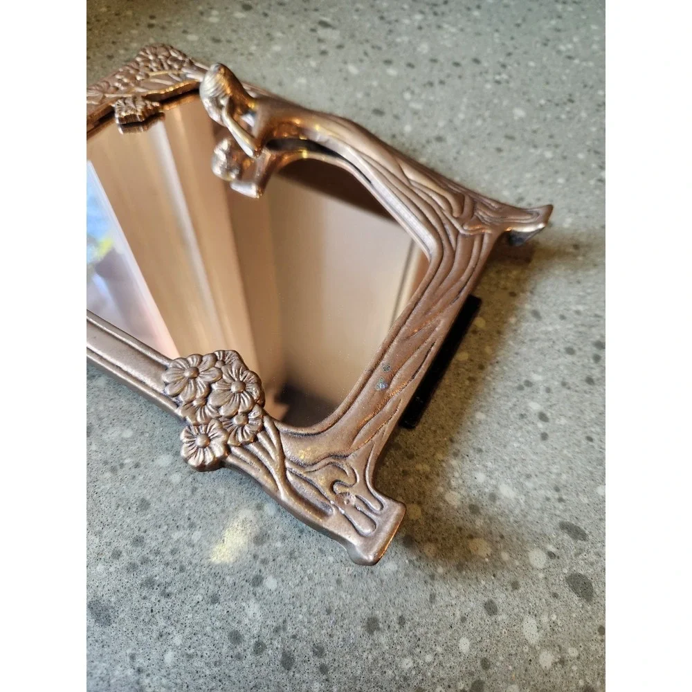 VTG Lady of the Lake Solid Brass Vanity Mirror Whimsigoth Art Nouveau Decor